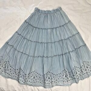 Reba Womens  Chambray Tiered Embroidered Midi Skirt M Western Cottagecore